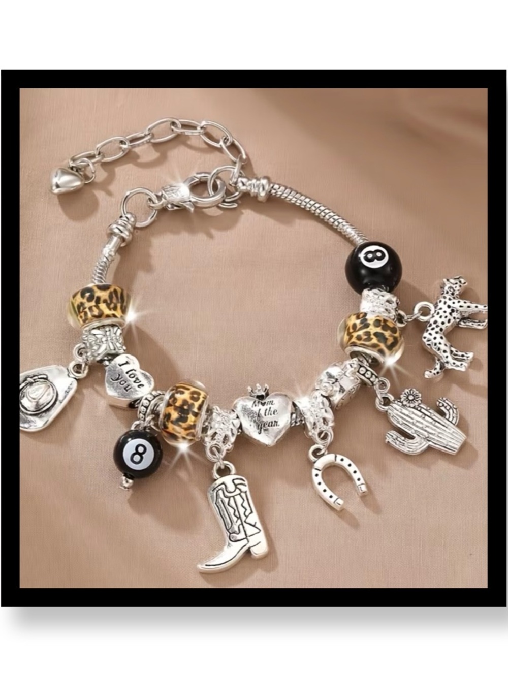 🆕 2/$15-Leopard Bead Charm Bracelet with Western Charms - Silver & Black